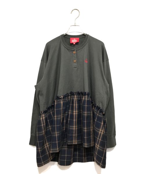 Vivienne Westwood RED LABEL（ヴィヴィアンウエストウッドレッドレーベル）Vivienne Westwood RED LABEL (ヴィヴィアンウエストウッドレッドレーベル) チェック柄ドッキングフリルTシャツ ダークグレー×ネイビー サイズ:00の古着・服飾アイテム