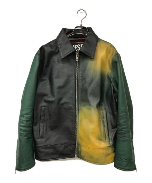 DIESEL（ディーゼル）DIESEL (ディーゼル) グラデーションカラーシングルレザージャケット ブラック×グリーン サイズ:Mの古着・服飾アイテム