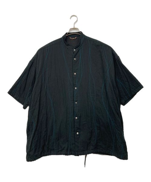 roundabout（ラウンダバウト）roundabout (ラウンダバウト) S/S Band Collar Big Shirt ブラック×グリーン サイズ:2の古着・服飾アイテム