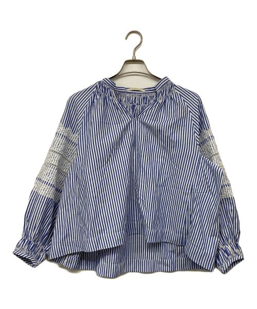 ne quittez pas（ヌキテパ）ne quittez pas (ヌキテパ) Fine Poplin Kika Embroidery Gather Blouse ブルー×ホワイト サイズ:記載なしの古着・服飾アイテム