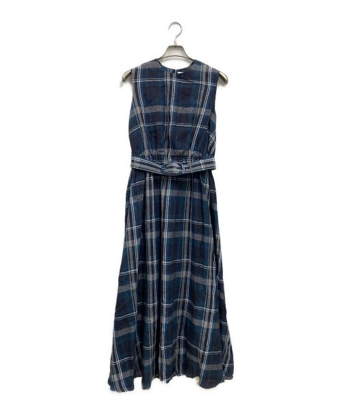 BLUEBIRD BOULEVARD（ブルーバードブルバード）BLUEBIRD BOULEVARD (ブルーバードブルバード) Madras check Frenchsleeve dress/リネンノースリーブワンピース ネイビー サイズ:Mの古着・服飾アイテム