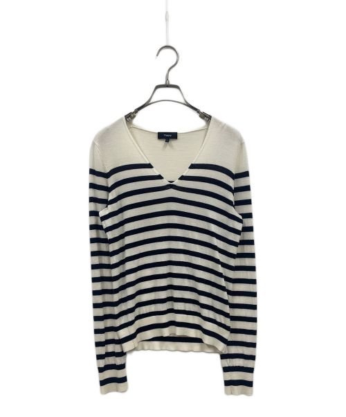 theory（セオリー）theory (セオリー) 24年モデル/Regal Wool Stripe Vneck/ボーダーニット/Vネックニット/ニット/01-4101707 アイボリー×ブラック サイズ:Sの古着・服飾アイテム