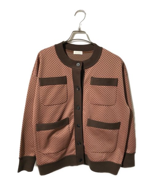 BALLSEY（ボールジィ）BALLSEY (ボールジィ) キカジャカードジャージー クルーネックカーディガン ピンク×ブラウン サイズ:Sの古着・服飾アイテム