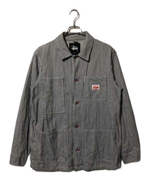 stussy（ステューシー）stussy (ステューシー) 両面刺繍 ヒッコリーストライプ カバーオール ブルー サイズ:Lの古着・服飾アイテム