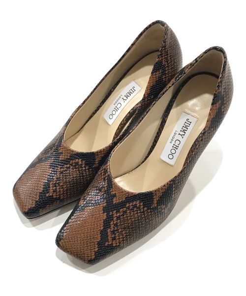 JIMMY CHOO（ジミーチュウ）JIMMY CHOO (ジミーチュウ) パイソン柄スクエアトゥヒールパンプス ブラウン サイズ:37の古着・服飾アイテム