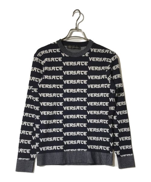 VERSACE（ヴェルサーチ）VERSACE (ヴェルサーチ) ボーダーロゴニット ネイビー サイズ:44の古着・服飾アイテム