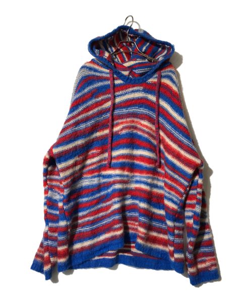 ERL（イーアールエル）ERL (イーアールエル) striped intarsia-knit hoodie ブルー×レッド サイズ:Mの古着・服飾アイテム