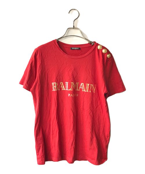 BALMAIN（バルマン）BALMAIN (バルマン) ショルダーメタルボタンロゴTシャツ レッド サイズ:Ｍの古着・服飾アイテム