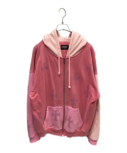 unknown（アンノーン）Unknown (アンノーン) Cross Rhinestone Zip Up Hoodie ピンク サイズ:XLの古着・服飾アイテム