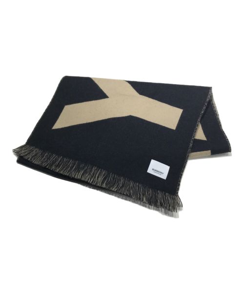 BURBERRY（バーバリー）BURBERRY (バーバリー) TEXT FOOTBALL WOOL SCARF ロゴウール大判ストール ブラック×ブラウンの古着・服飾アイテム