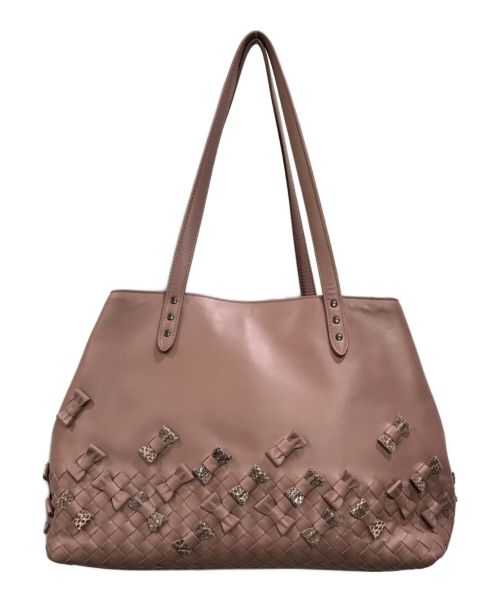 BOTTEGA VENETA（ボッテガベネタ）BOTTEGA VENETA (ボッテガベネタ) イントレチャート リボン レザートートバッグ ブラウンの古着・服飾アイテム