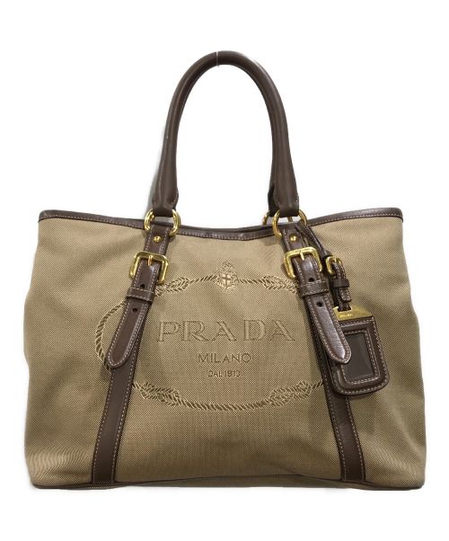 PRADA（プラダ）PRADA (プラダ) 2WAYロゴジャガードトートバッグ キャンバス レザー切替 ベージュ×ブラウンの古着・服飾アイテム