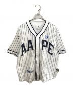 Aape BY A BATHING APEエーエイプ バイ アベイシングエイプ）の古着「MOONFACE PATCH STRIPED SHORT-SLEEVE BASEBALL SHIRT」｜ホワイト