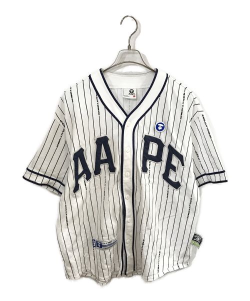 Aape BY A BATHING APE（エーエイプ バイ アベイシングエイプ）Aape BY A BATHING APE (エーエイプ バイ アベイシングエイプ) MOONFACE PATCH STRIPED SHORT-SLEEVE BASEBALL SHIRT ホワイト サイズ:Lの古着・服飾アイテム