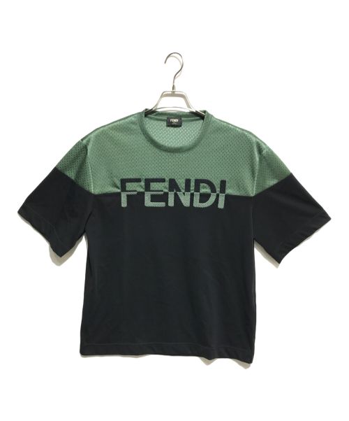 FENDI（フェンディ）FENDI (フェンディ) ロゴトップメッシュ切替クルーネック Tシャツ ブラック×グリーン サイズ:Mの古着・服飾アイテム