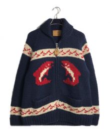 CANADIAN SWEATER（カナディアンセーター）の古着「シャチ(サケ)カウチンニットカーディガン」｜ネイビー×レッド