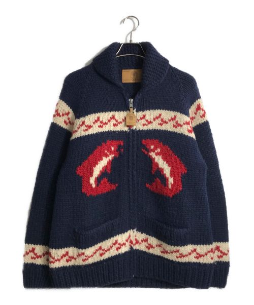 CANADIAN SWEATER（カナディアンセーター）CANADIAN SWEATER (カナディアンセーター) シャチ(サケ)カウチンニットカーディガン ネイビー×レッド サイズ:FREEの古着・服飾アイテム