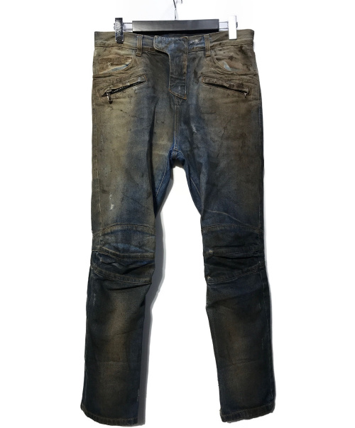 balmain raw denim biker jeans