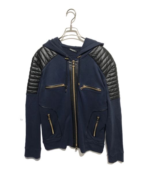 BALMAIN（バルマン）BALMAIN (バルマン) レザー切り替えジップパーカー ネイビー サイズ:Lの古着・服飾アイテム