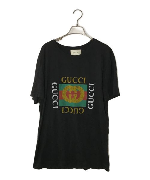 GUCCI（グッチ）GUCCI (グッチ) ヴィンテージロゴ ダメージ加工 Tシャツ ブラック サイズ:Mの古着・服飾アイテム