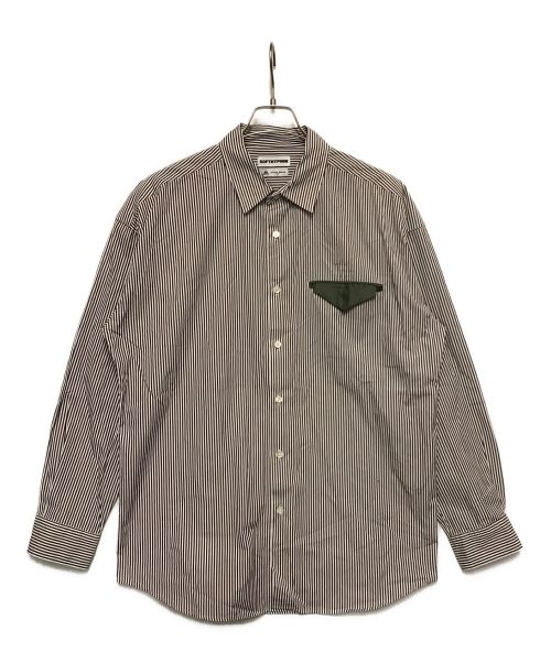 SOFTHYPHEN（ソフトハイフン）SOFTHYPHEN (ソフトハイフン) PIPING POCKET STRIPE SHIRT ブラウン×ホワイト サイズ:02の古着・服飾アイテム