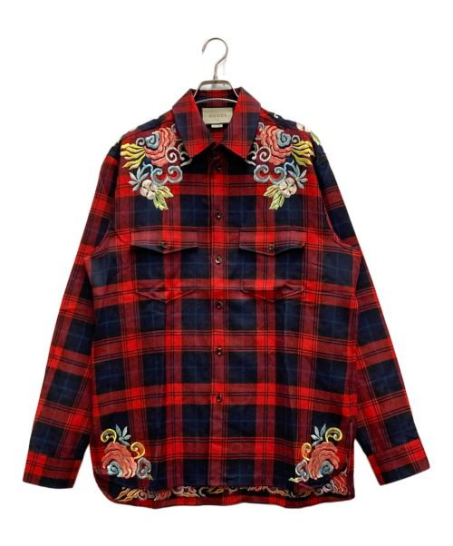 GUCCI（グッチ）GUCCI (グッチ) ドラゴン刺繍チェックシャツ レッド×ネイビー サイズ:48の古着・服飾アイテム