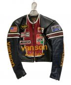 VANSONバンソン）の古着「ノーカラーワッペンレザーライダースジャケット」｜ブラック