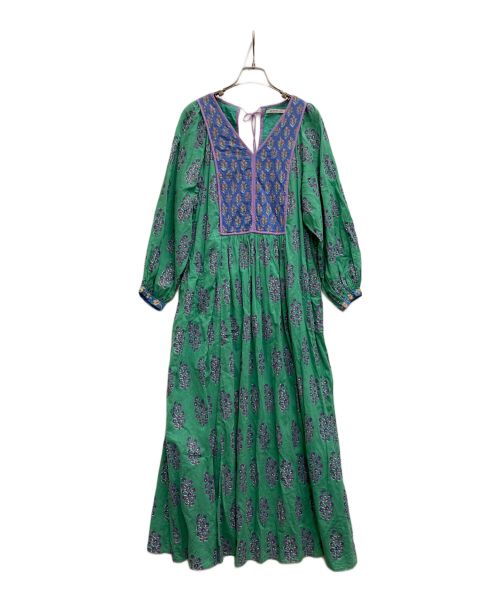 ne quittez pas（ヌキテパ）ne quittez pas (ヌキテパ) Combination Ethnic Print Gather Dress グリーン×パープル サイズ:Ⅿの古着・服飾アイテム