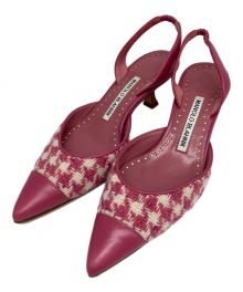 Manolo Blahnik（マノロブラニク）の古着「バックスリング ポインテッドトゥ ウール切替 パンプス」｜ピンク×ホワイト