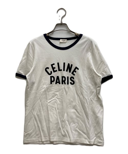 CELINE（セリーヌ）CELINE (セリーヌ) ロゴプリントリンガーTシャツ ホワイト×ネイビー サイズ:Ⅼの古着・服飾アイテム