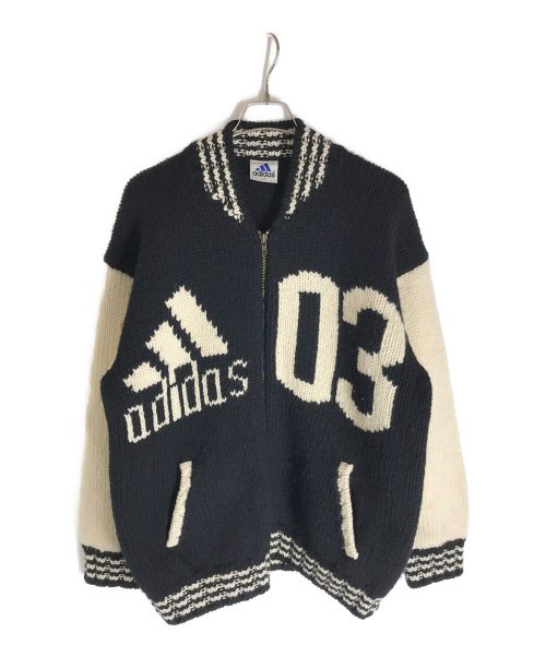 adidas（アディダス）adidas (アディダス) ヴィンテージカウチンニットジャケット ブラック×アイボリー サイズ:Lの古着・服飾アイテム