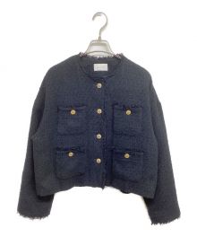 green label relaxing（グリーンレーベルリラクシング）の古着「Oggiコラボ ツイード ノーカラー ジャケット ショート 3622-162-0190」｜ブラック