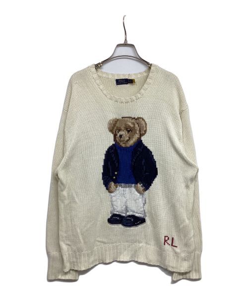 POLO RALPH LAUREN（ポロ・ラルフローレン）POLO RALPH LAUREN (ポロ・ラルフローレン) ポロベア刺繍コットンニット 紺ブレスタイル アイボリー サイズ:XLの古着・服飾アイテム