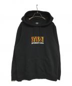 stussyステューシー）の古着「エンブロイダリープルオーバーパーカー　INTERNATIONAL HOODIE」｜ブラック