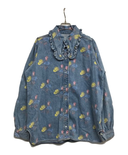 GANNI（ガニー）GANNI (ガニー) Printed Indigo Frill Collar Shirt  ペイント インディゴ フリルカラーシャツ デニムシャツ インディゴ サイズ:40の古着・服飾アイテム