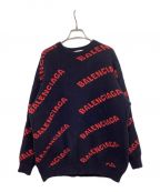 BALENCIAGAバレンシアガ）の古着「ALL OVER LOGO KNIT K206 555279 T1473 9019 オールオーバーロゴニット」｜ネイビー×レッド