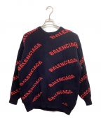 BALENCIAGAバレンシアガ）の古着「ALL OVER LOGO KNIT K206 555279 T1473 9019 オールオーバーロゴニット」｜ネイビー×レッド