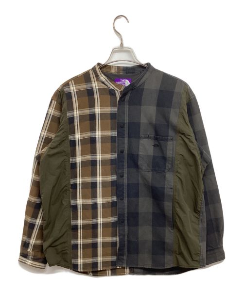 THE NORTHFACE PURPLELABEL（ザ・ノースフェイス パープルレーベル）THE NORTHFACE PURPLELABEL (ザ・ノースフェイス パープルレーベル) Plaid Patchwork Shirt NT3000N パッチワークバンドカラーシャツ ネイビー×カーキ サイズ:Lの古着・服飾アイテム