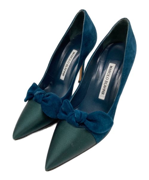 Manolo Blahnik（マノロブラニク）Manolo Blahnik (マノロブラニク) サテン×スウェード リボンパンプス ネイビー サイズ:35　2/1の古着・服飾アイテム