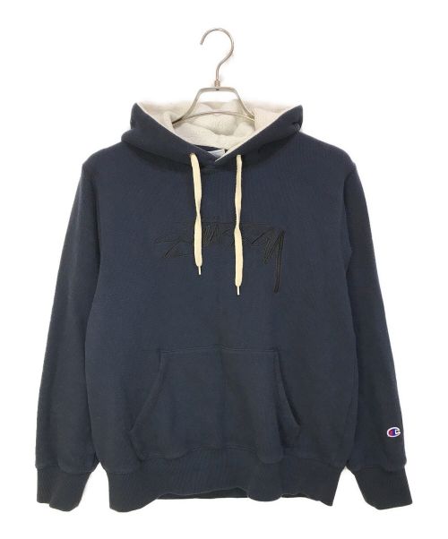 stussy（ステューシー）stussy (ステューシー) Champion (チャンピオン) プルオーバーパーカー ネイビー サイズ:Mの古着・服飾アイテム