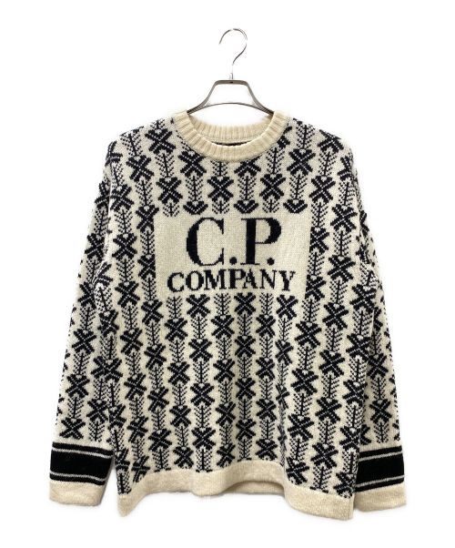 C.P COMPANY（シーピーカンパニー）C.P COMPANY (シーピーカンパニー) WOOL JACQUARD 1 LOGO KNIT ウールジャカード1ロゴニット ブラック×ホワイト サイズ:50の古着・服飾アイテム