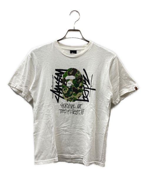 A BATHING APE（アベイシングエイプ）A BATHING APE (アベイシングエイプ) stussy (ステューシー) コラボプリントTシャツ ホワイト サイズ:Sの古着・服飾アイテム