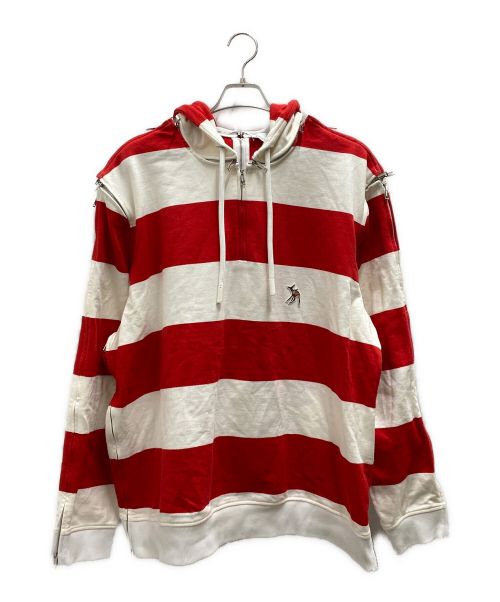 BURBERRY LONDON（バーバリーロンドン）BURBERRY LONDON (バーバリー ロンドン) Red Zip Detail Striped Cotton Hoodie ホワイト×レッド サイズ:XLの古着・服飾アイテム