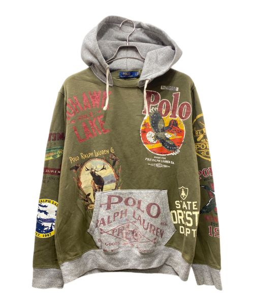 POLO RALPH LAUREN（ポロ・ラルフローレン）POLO RALPH LAUREN (ポロ・ラルフローレン) 後付けフード総柄パーカー オリーブ×グレー サイズ:Lの古着・服飾アイテム