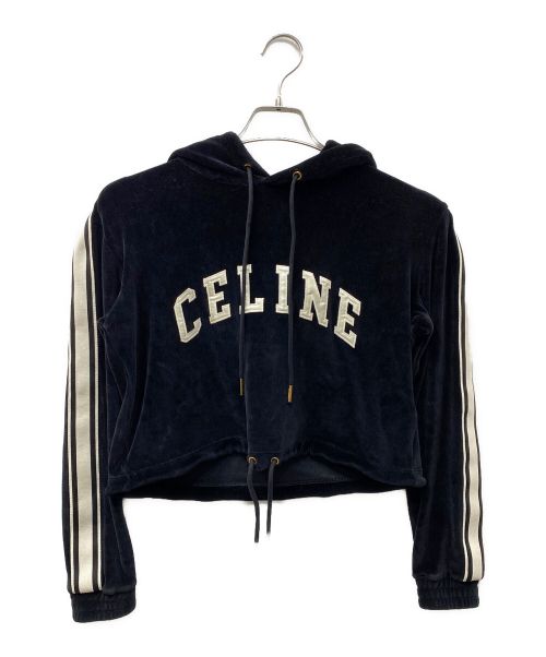 CELINE（セリーヌ）CELINE (セリーヌ) ベルベット ロゴプルオーバーパーカー ブラック サイズ:XSの古着・服飾アイテム