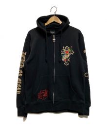 Ed Hardy（エド ハーディー）の古着「ロゴ刺繍プリントジップアップパーカー」｜ブラック