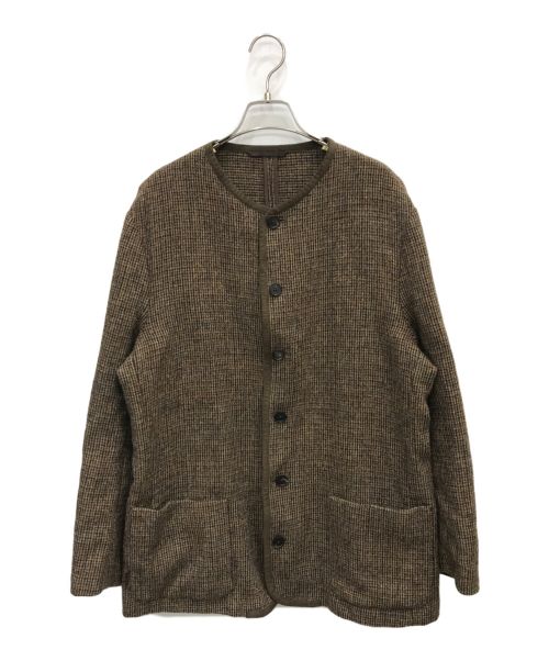 PAPAS（パパス）PAPAS (パパス) Harris Tweed (ハリスツイード) ノーカラージャケット ブラウン サイズ:Lの古着・服飾アイテム