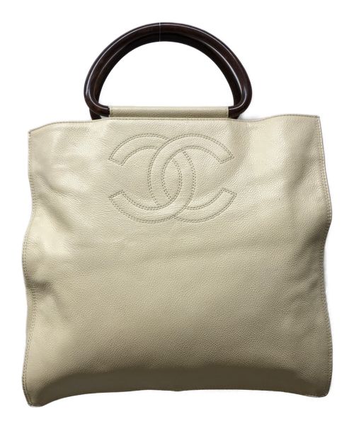 CHANEL（シャネル）CHANEL (シャネル) ウッドハンドルココマークレザーハンドバッグ ブティックシール有  アイボリーの古着・服飾アイテム