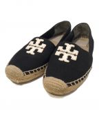 TORY BURCHトリーバーチ）の古着「FLAT ESPADRILL TORY BURCH トリーバーチ Weston Black Recycled Canvas/Leather Espadrille Shoes スリッポン 春夏 75980 エスパドリーユ」｜ブラック×ベージュ