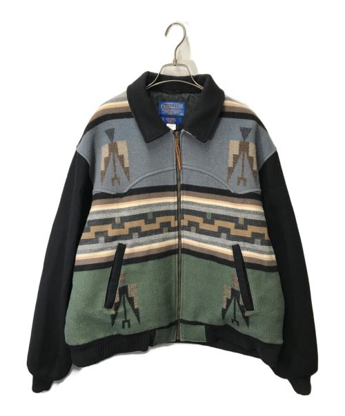 PENDLETON（ペンドルトン）PENDLETON (ペンドルトン) ネイティブ柄ウールジャケット/ジップジャケット/HIGH GRADE WESTERN WEAR/ウールブルゾン ブラック×ブルー×グリーン サイズ:XLの古着・服飾アイテム